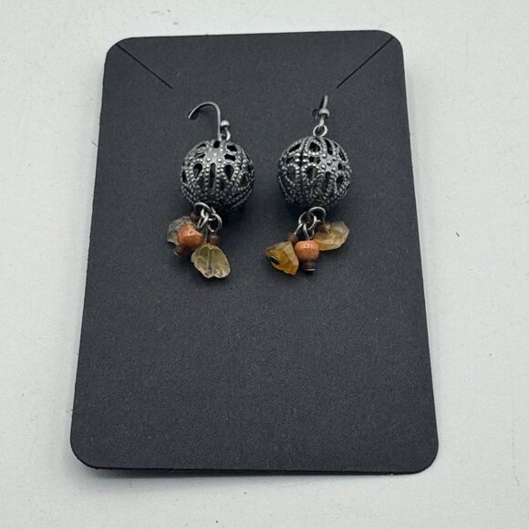 Antique Silver Filigree Ball Earrings With Amber & Citrine Gemstone Drops - Picture 2 of 3